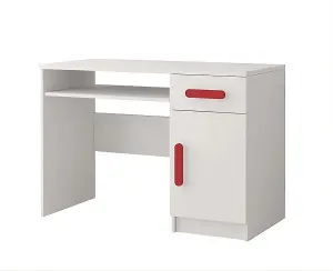 Bold White Computer Desk H760mm W1100mm D500mm - Red Handles for Dynamic Study Areas