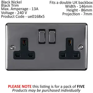 5 PACK 2 Gang Double UK Plug Socket BLACK NICKEL 13A Switched Power Outlet