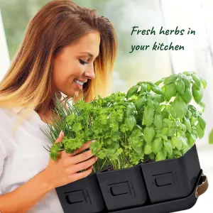 3-Pack Herb Pots for Kitchen Windowsill - Black Indoor Planter with Leather Tray & Labels, Perfect for Herbs & Small Plants