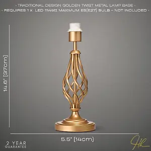 Traditional Sleek Satin Gold Brass Table Lamp Base with Twist Metal Stem Design