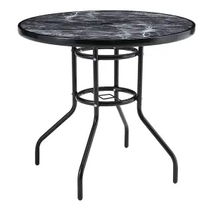 Round Stone Grain Marbling Table Toughened Glass Patio Table Umbrella Hole 80cm Dia