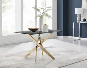 Furniturebox UK Leonardo Grey Glass Marble Effect Gold Leg Table & 4 Blue Pesaro Gold Leg Chairs