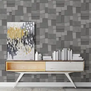 Fine Decor FD25354 Metallic Squares Wallpaper, Dark