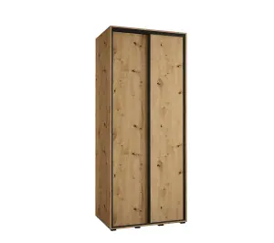 Rustic Oak Artisan Sliding Door Wardrobe H2050mm W1200mm D600mm with Black Steel Handles and Decorative Strips