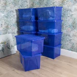 Wham Crystal 10 x 60L Plastic Storage Boxes with Lids. Large Size, Strong. Made in the UK Tint Spectrum Blue