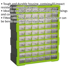 380 x 160 x 475mm 60 Drawer Parts Cabinet - GREEN - Wall Mounted / Standing Box