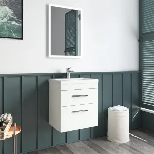 Rio 2 Drawer Wall Hung Vanity Basin Unit - 500mm - Gloss White with Brushed Brass D Handles (Tap Not Included)