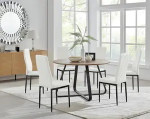 Furniturebox UK Santorini Brown Round Round Dining Table And 6 White Milan Black Leg Chairs