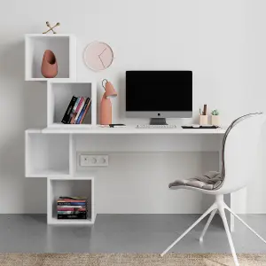 Decortie Balance Desk Modern 4-Tier Open Storage Shelves Engineered Wood White 140x153.5x60cm