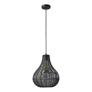 ValueLights Torin Black Woven Wicker Rattan Teardrop Basket Ceiling Light Shade - Complete with 6w LED GLS Light Bulbs 3000K