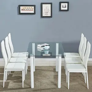 Dining Table Set of 6 Glass Table With 6 Chairs Kitchen Dining Table with 6 white Leather Chairs Furniture Kosy Koala