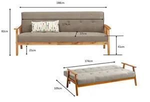 Langford Sofa Bed Fabric 3 Seater Button Detail Wooden Frame Sofabed, Cream with Oak Colour Wood