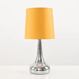 ValueLights Pair Of Silver Chrome Teardrop Touch Bed Side Table Lamps With Mustard Fabric Shades