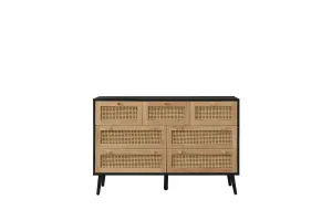 Black Chest of 7 Drawers Rattan Mid Century Modern