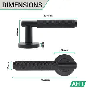 AFIT Matt Black Internal Door Handle - 1 Pair Knurled Matt Black Lever on Rose Round Handles - Dixon Range