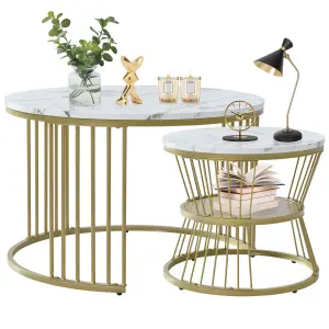 Round Coffee Tables, Removable Set of 2 End Table, Nesting Tables with Gold Metal Frame Legs and Marble Pattern Top