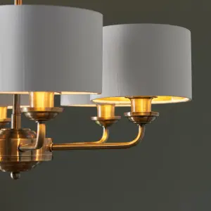 Haywood Antique Brass with Vintage White Faux Silk Shades Classic Modern 6 Light Ceiling Pendant