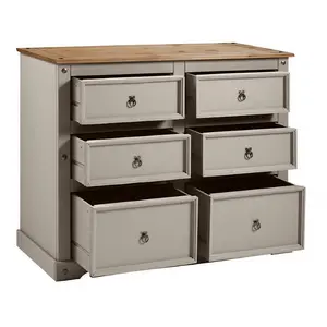 Mercers Furniture Corona Grey Wax 6 Drawer Wide Chest of Drawers Solid Pine with Mexican Styling