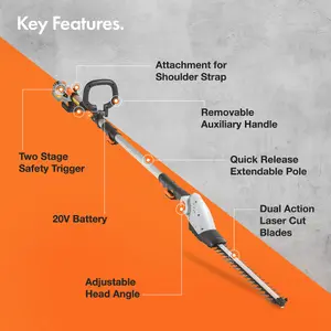 VonHaus Pole Hedge Trimmer Cordless, Long Reach Telescopic Cutter, 20V Battery, Charger, Shoulder Strap, Adjustable Head