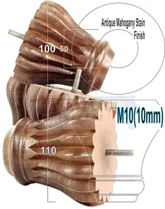 SET OF 4 REPLACEMENT FURNITURE BUN FEET ANTIQUE MAHOGANY STAIN TURNED WOODEN LEGS 110mm HIGH M10 (10mm)
