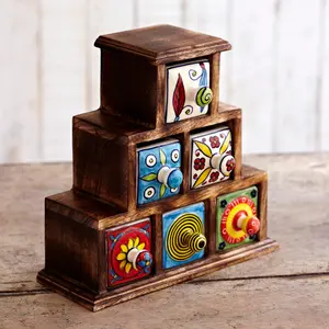 Hand Painted Multicoloured Ceramic 6 Drawer Pyramid Chest