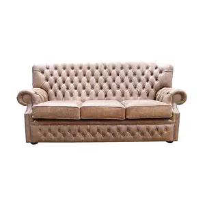 Chesterfield Handmade 3 Seater Sofa Cracked Wax Tan Leather In Monks Style