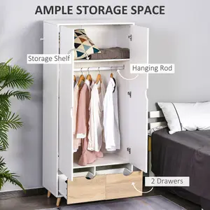 HOMCOM 2-Door Clothes Wardrobe w/ Rail Shelf 2 Storage Drawers Wood Feet White