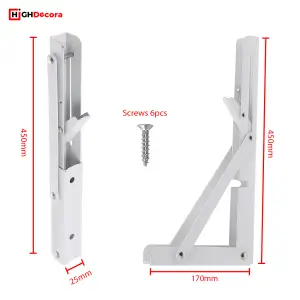 Highdecora Folding Shelf Brackets, 2 Pcs Heavy Duty Foldable Shelf Brackets Metal Wall Mounted Foldable (White, 18 inch)