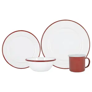 Argon Tableware - White Enamel Dinner Set - 25.5cm - 16pc - Red