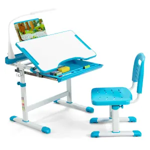 Costway Height Adjustable Kids Study Table and Chair Set w/Book Stand & LED Light