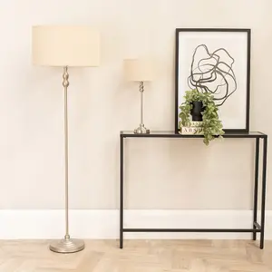 ValueLights Maggie Brushed Chrome Candlestick Slim Table Lamp with Natural Fabric Drum Lamp Shade