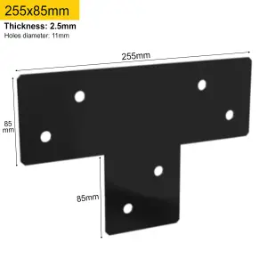 Single Large Black Heavy Duty 2.5mm Thick Tee Plate Brace Flat T Shape Repair Bracket Tee Corner Brace