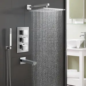 Olive Chrome Square 3 Way Concealed Thermostatic Shower Mixer Set - Shower Head, Handset & Bath Filler Spout