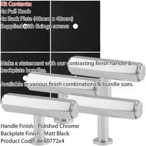 4 PACK - Cabinet Door Knob & Contrasting Backplate Set - Hex T Bar Pull - Polished Chrome & Black