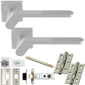 Door Handle & Latch Pack - Satin Chrome - Slim Angled Bar Lever On Square Rose