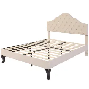 Upholstered Bed 135x190 with Slatted Frame and Height-adjustable Headboard, Velvet, Beige