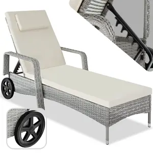 Sun Lounger - 6-position backrest, weather & UV-resistant, soft pillow, two wheels - light grey/cream