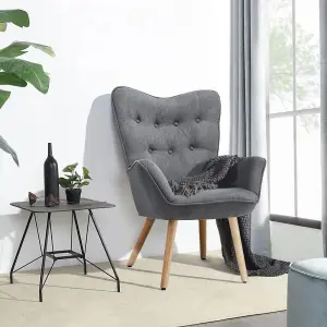 Grey Tufted Button Linen Armchair with High Back and Wooden Legs 92cm H