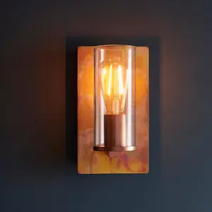 Copper Patina Plate Wall Lamp Light & Clear Glass Shade - Dimmable LED Fitting