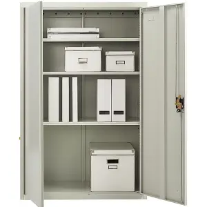 Metal Storage Cupboard Grey 2 Door Tall Lockable Steel Filing Cabinet 3 Shelves Office, Garage Tool, Utility, Kitchen use