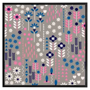 Selection of flowers in pink, blue & white (Picutre Frame) / 24x24" / Grey