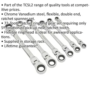 6-Piece Flexible Head Ratchet Ring Spanner Set - 12 Point Metric Wrench for Tight Spaces