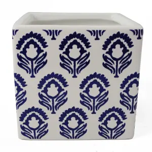 12cm Ceramic Cube Planter with Decorative Print Blue Tulip