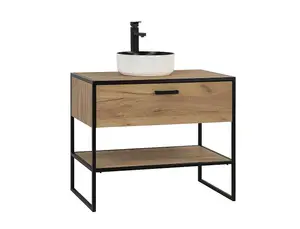 Bathroom Furniture Set with 900 Vanity Unit Tall Cabinet Black Steel Oak Finish Freestanding Loft Industrial Brook