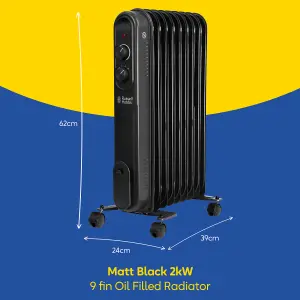 Russell Hobbs Electric Heater 2000W Black 9 Fin Oil Filled Radiator with 2 Year Guarantee RHOFR9004B