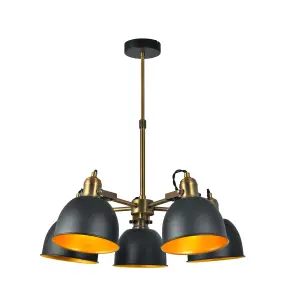 nielsen Langley 5 Light Industrial Chandelier, Matt Black and Antique Brass Finish, 52cm Wide