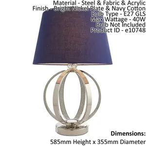 Table Lamp Bright Nickel Plate & Navy Cotton 40W E27 GLS Base & Shade