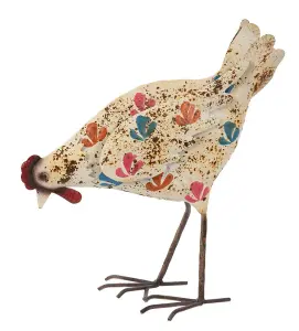 Cream Hen Metal Sculpture Garden Ornament with flower detail