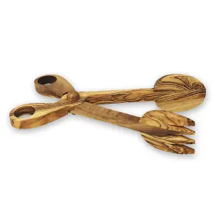 Olive Wood Salad Serving Tongs Natural Grained Rustic Kitchen Dining Server 27cm