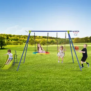 Costway 4-in-1 Outdoor Kids Swing Set Adjustable Saucer Swing w/ Slide & Basketball Hoop